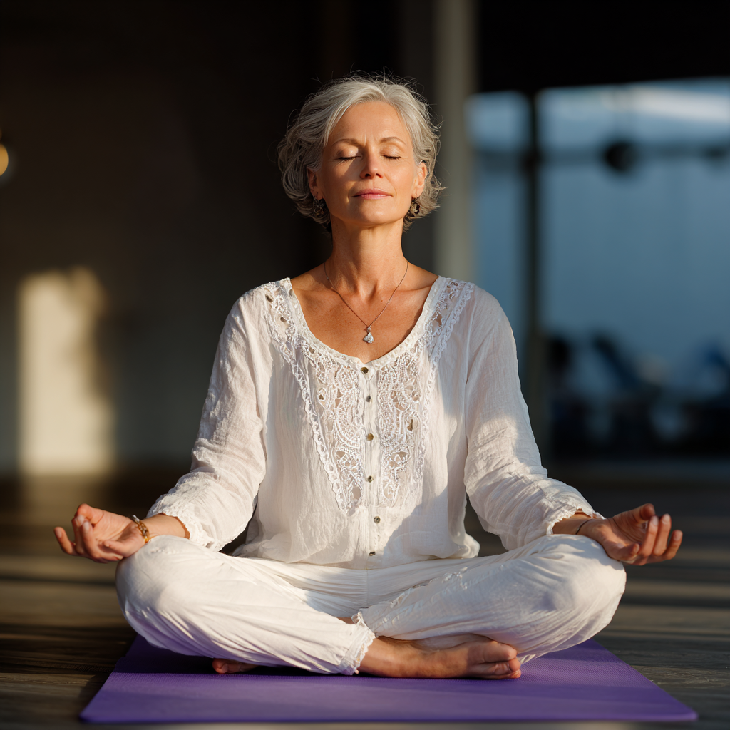 Serene woman in her late forties practicing yoga meditation in lotus position on a purple mat, wearing comfortable white clothing, in a peaceful studio setting with natural lighting